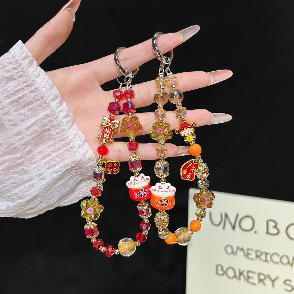 New Chinese-style Ceramic Lucky Cat Lanyard with Crystal Beads Hanging Key Chain Short Wrist Strap for Mobile Phones Bracelet