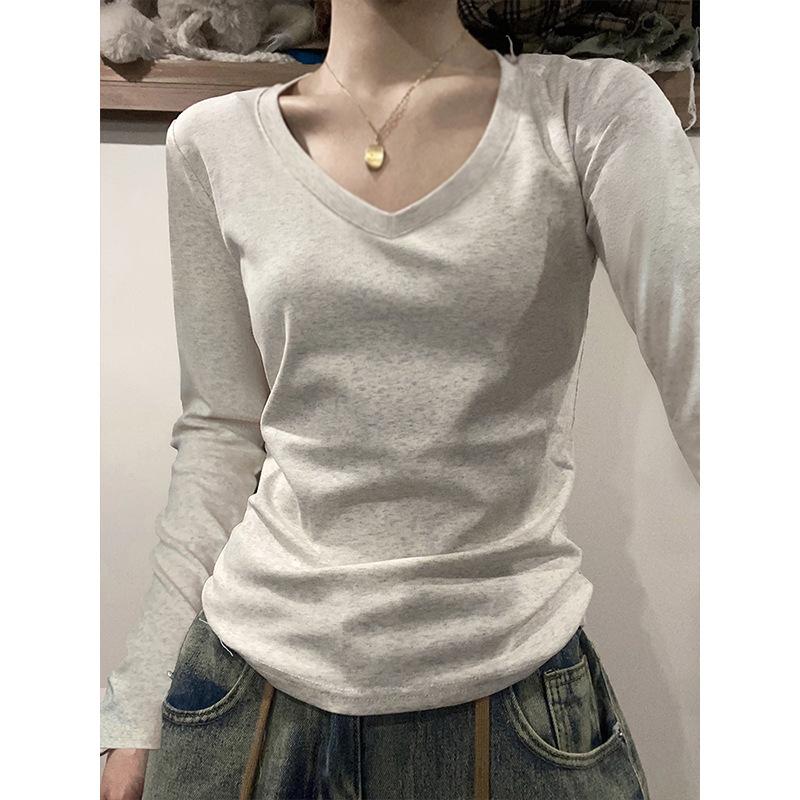 Осень Зима Однотонный Повседневный Модный простой Универсальный Базовый Топ Женская Футболка с Длинным Рукавом Пуловер