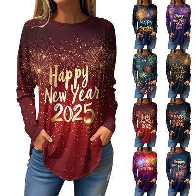 Женская модная свободная футболка с круглым вырезом и рождественским принтом, длинный рукав