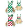 Girls Christmas Jumpsuit Striped Design Rhinestone Bow Adorned Ruffle Skirt Shorts Bodysuit Cosplay Costume