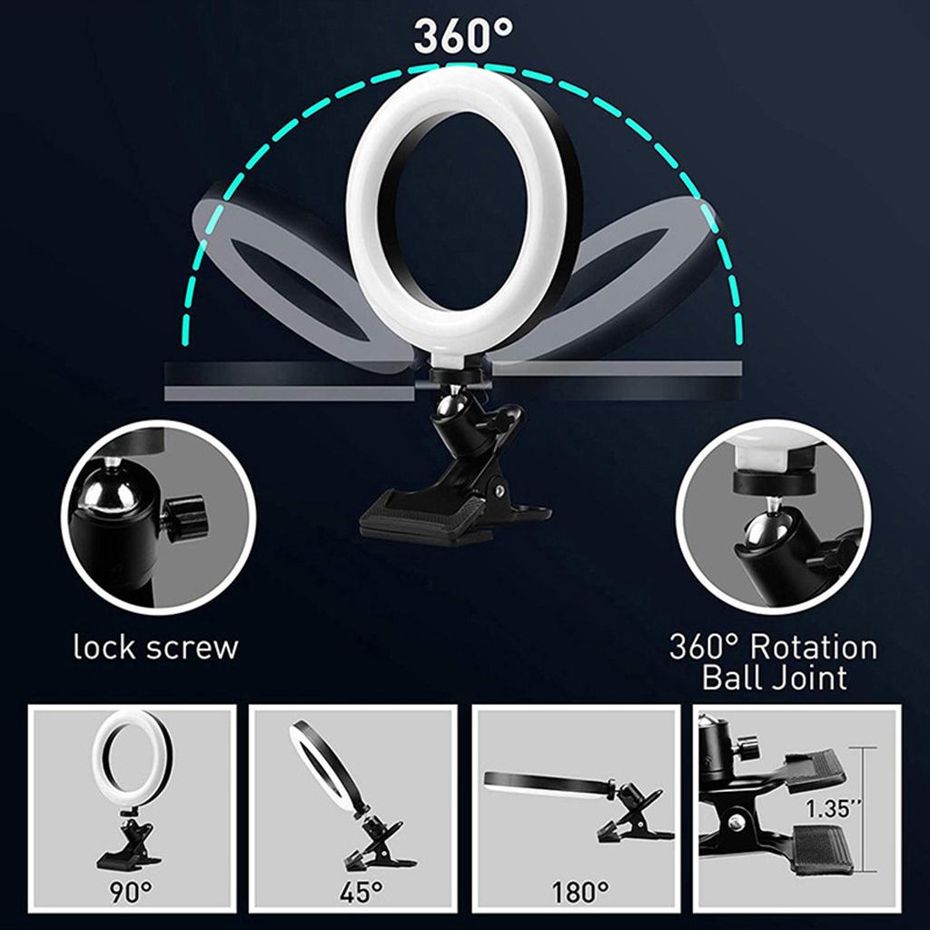 6inches LEDs Selfie Ring Light with Clamp USB Operated 3 Colors Temperature Changing  3 Levels Dimmable Brightness