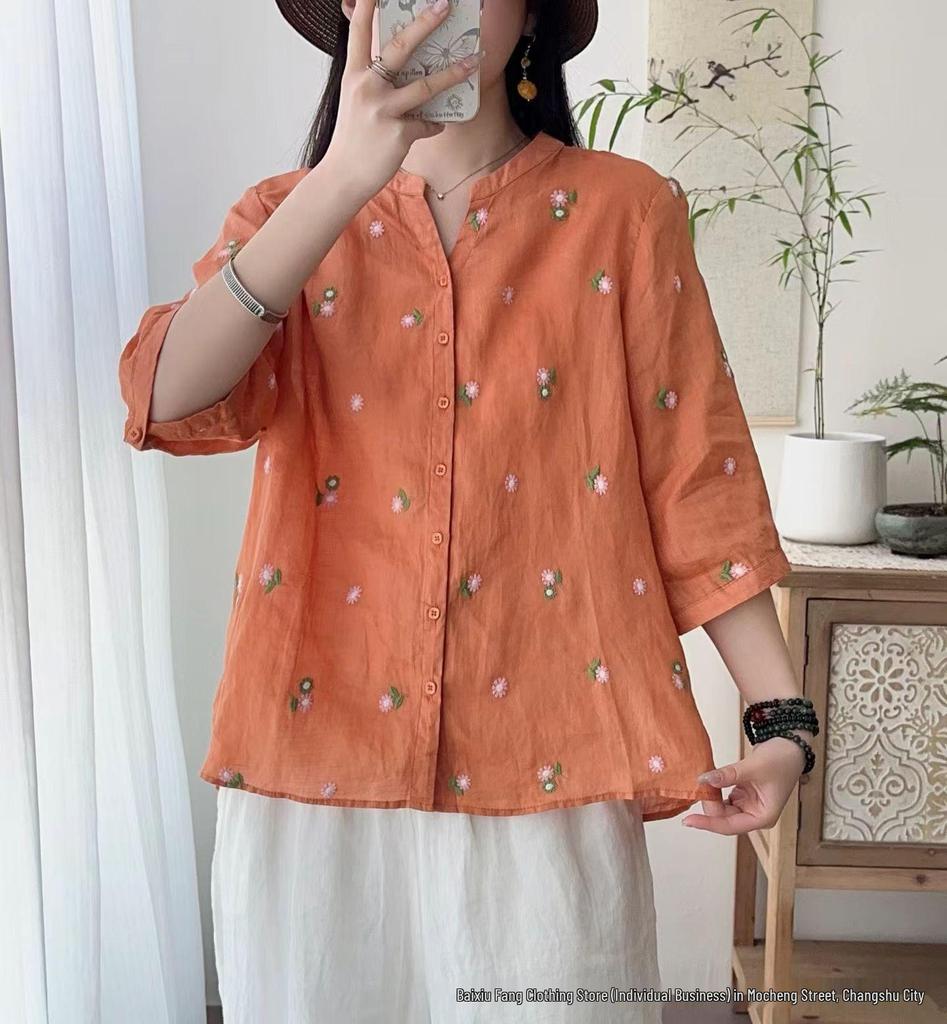 Linen Women's Retro Embroidered Stand Collar Shirt - Summer 2026 Short Sleeve