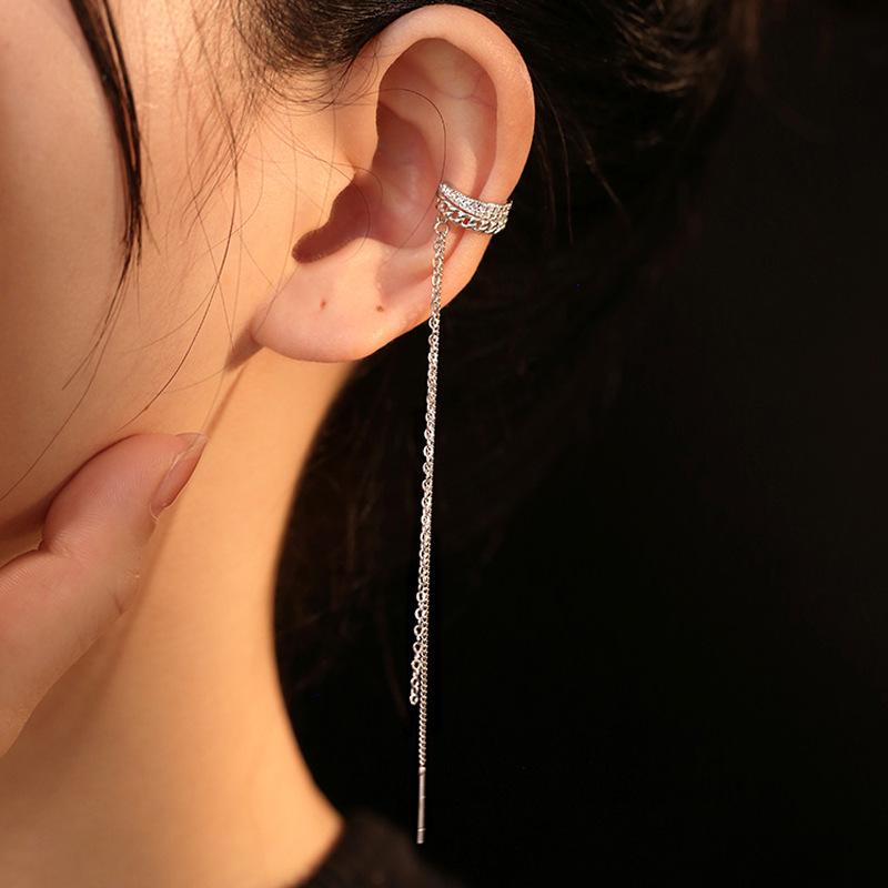 Long Fringed Ear Clips Without Ear Holes, Women'S Inlaid Zircon C-Shaped Ear Bone Clips, Temperament Double Chain Earrings