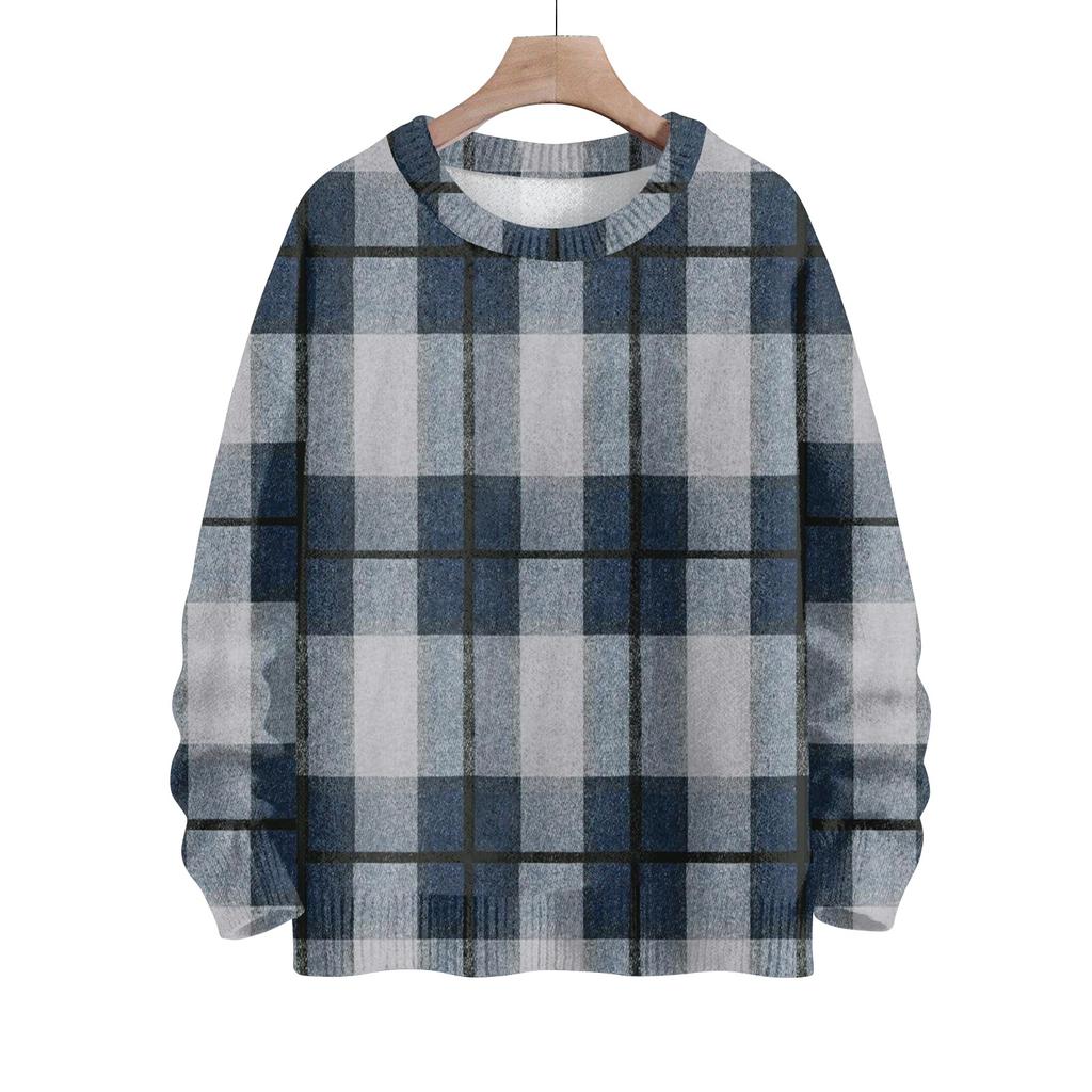 Women's Fashionable Casual Long-sleeved Checkered Printed Round-neck Sweater Knitted Top