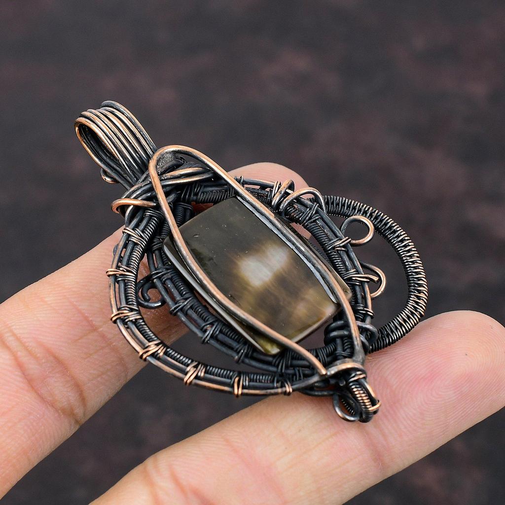 Кулон из меди с перламутром, оплетенный проволокой, кулон ручной работы, ювелирное изделие с драгоценным камнем, украшение из медной проволоки, подарок для него, дизайнерский кулон