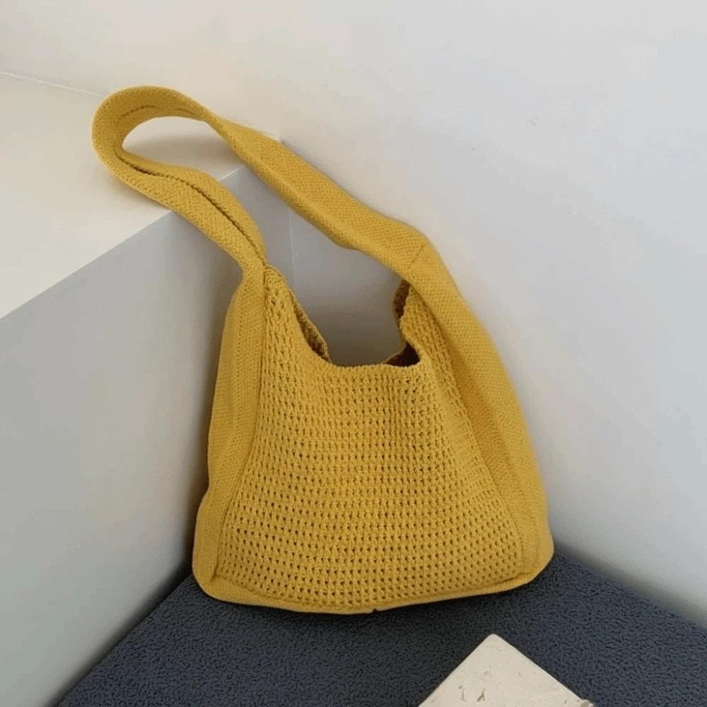 Sweet Knitted Tote Bag Breathable Large Capacity Crochet Shoulder Bag Solid Color Polyester Seaside Vacation Handbag Spring