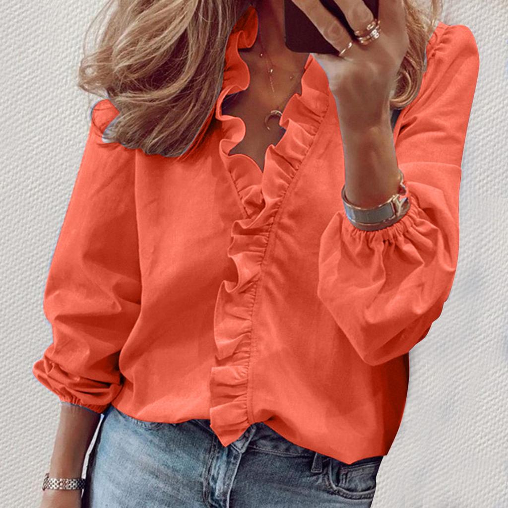 Fashion Woman Temperament Long Sleeve Ruffle Blouse Solid Colour Comfort Shirt