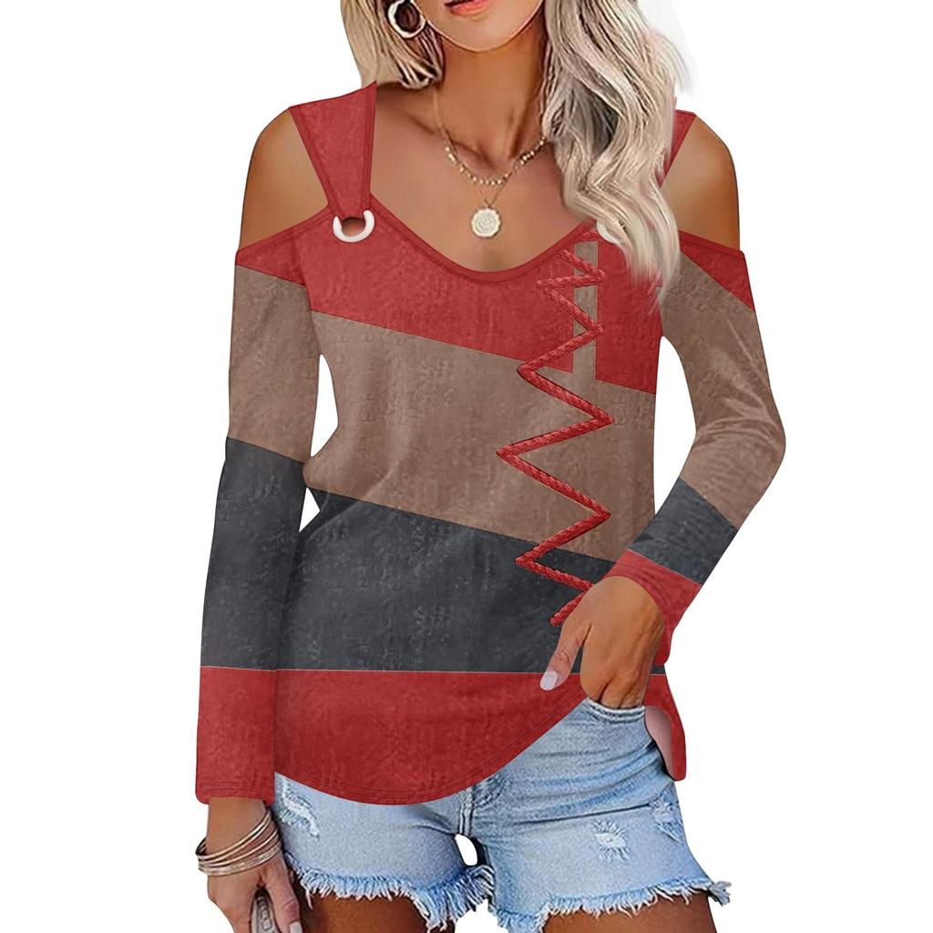 Women's Casual Shirt Blouse Print V-neck Sexy Cold Shoulder Long Sleeve Top