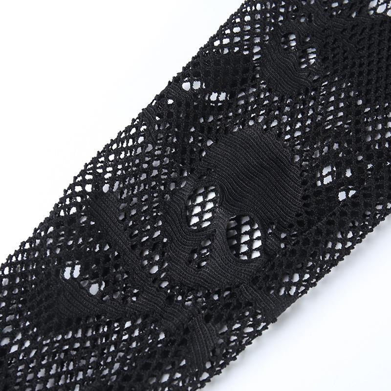 Готические сетчатые укороченные топы с черепом, черная кружевная майка, узкая футболка в стиле панк с перчатками