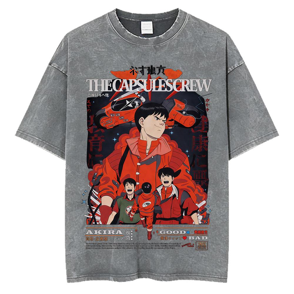 Anime Akira Vintage Washed T Shirts 90s Manga Shotaro Kaneda Graphic Tshirt Men Women Clothing Cotton Casual Oversized Tshirts
