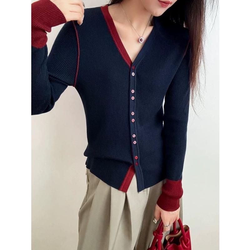 2025 весна осень корейский контрастный сращивание V-образный вырез длинный рукав вязаный свитер женский однобортный тонкий универсальный топ кардиган