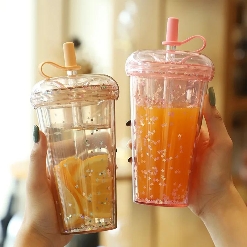 Ins Bubble Tea Cup Портативный стакан с трубочкой Пластиковые кофейные чашки с крышкой Прозрачная бутылка для воды
