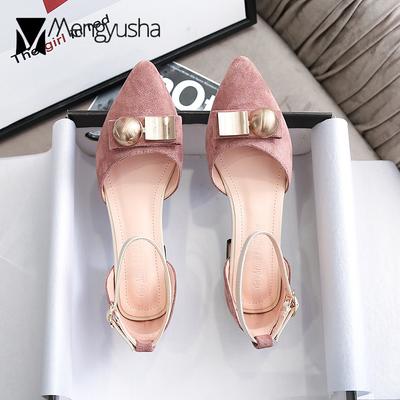 Модные металлические украшения с острым носком, флокированные каблуки, женские босоножки на толстом низком деревянном каблуке, женские босоножки с закрытым носком, размер 34-43