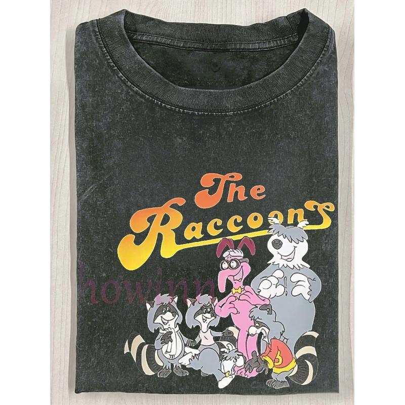 Men's The Raccoons 80S Retro Cartoon & Racing Vintage 230G Washed T-Shirt, Officially Licensed Nostalgic TV Show Design with Raccoon Characters &