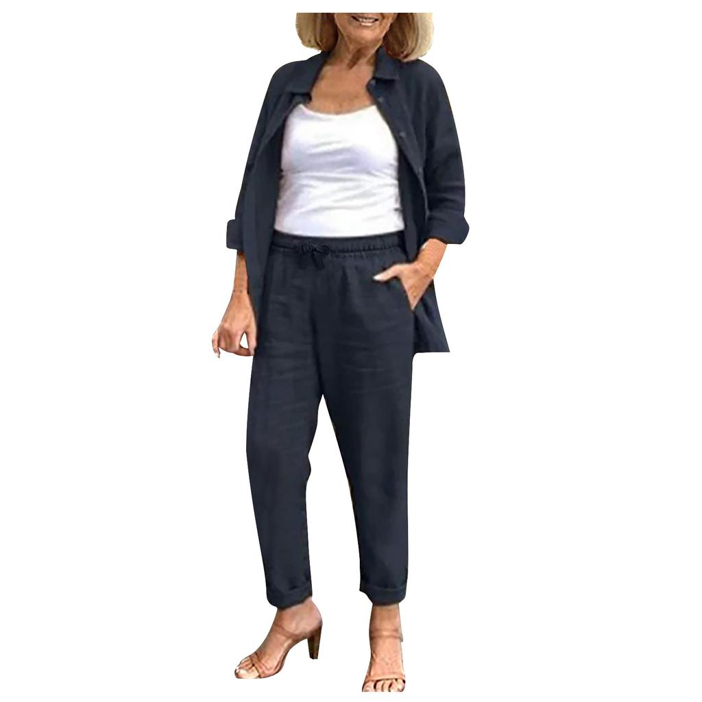 (SU)Fashion Women's Casual Solid Color Long Sleeve Shirts  Cotton Linen Pants Suit