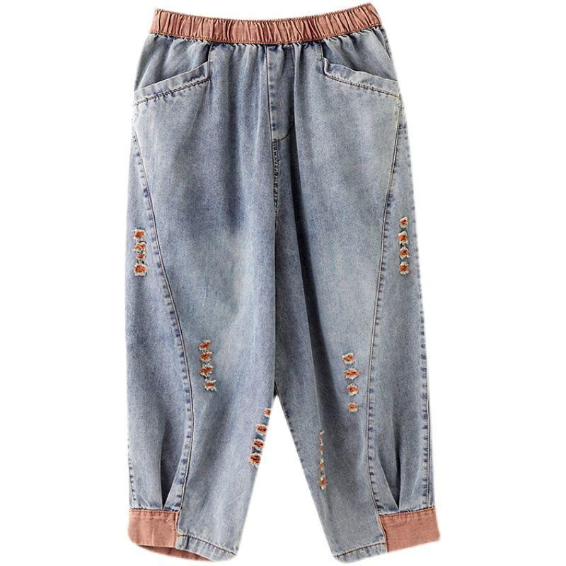 WTEMPO Женские джинсы с эластичной резинкой на талии и рваными отверстиями, свободные джинсы больших размеров, тонкие укороченные брюки