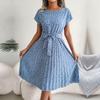 Spring Summer Women Short Sleeve Floral Pleated High Waist A Line Long Dress S-XL