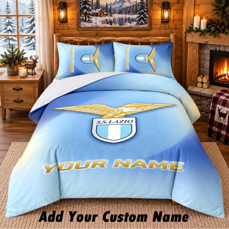 Lazio FC Pattern Bedding 3Pcs Set Custom Name, Bed Sheet And Pillowcases For Home Bedroom