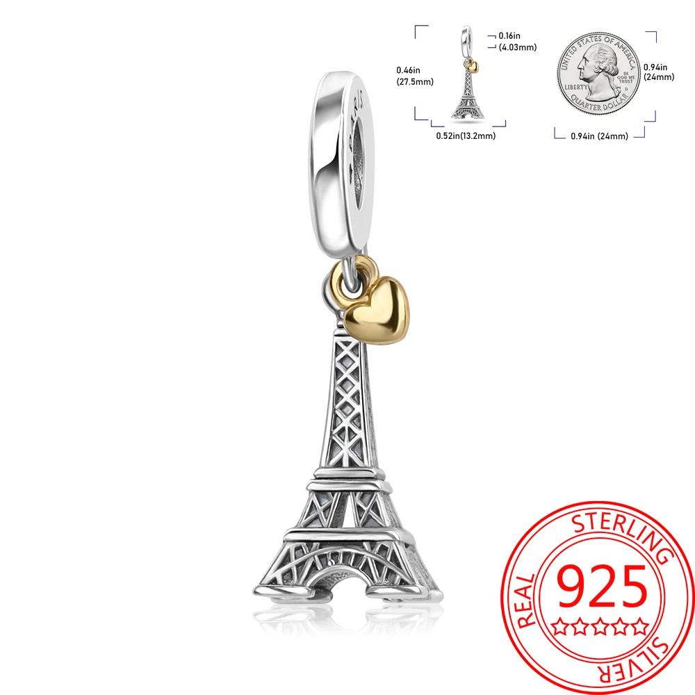 Creative 925 Silver Eiffel Tower Gold Heart Double Charm Fit DlY Bracelet Necklaces Women's Dating Jewelry Accessories