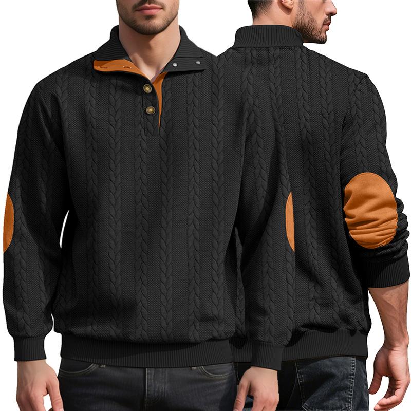 Мужской свитер-henley с косами, контрастные замшевые заплатки на локтях, воротник-стойка на 2 пуговицах, жаккардовый пуловер, винтажный, с длинным рукавом, текстурированный, повседневный вязаный джемпер