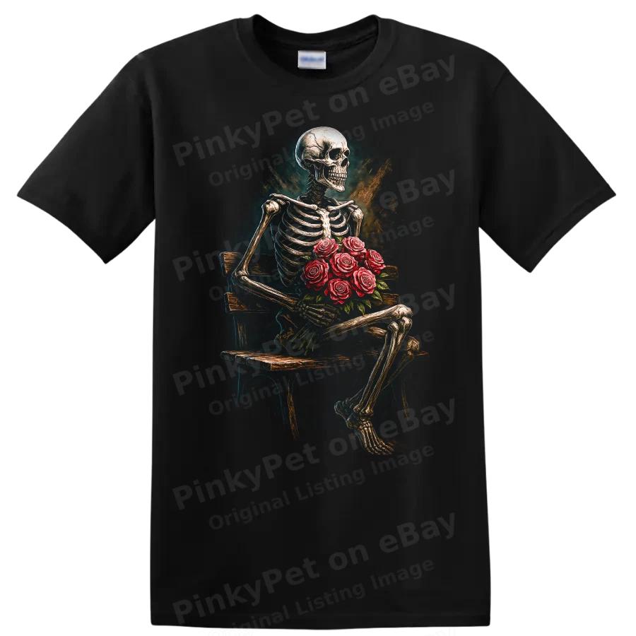 Skeleton Holding Roses T Shirt for Halloween Gothic Style Tee