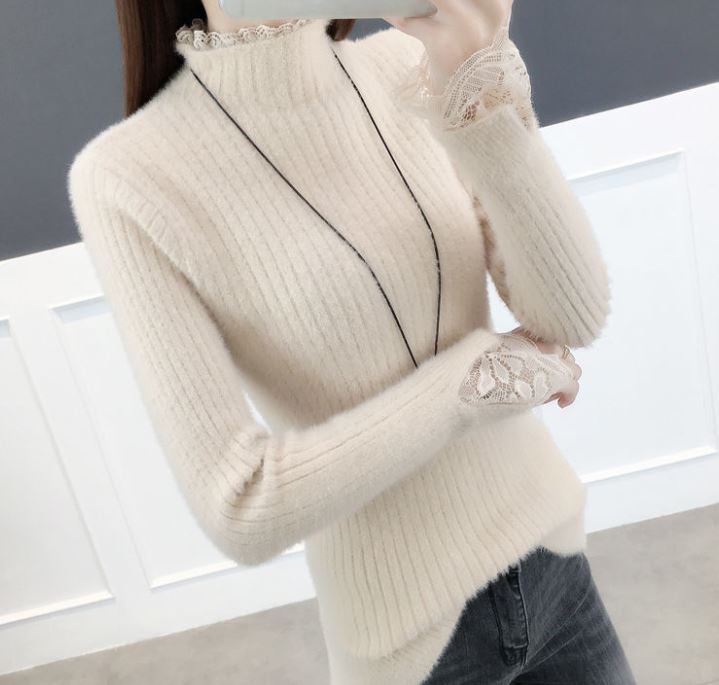 Свитер с воротником из искусственного норкового флиса, женский модный кружевной лоскутный пуловер, эластичная узкая вязаная нижняя рубашка