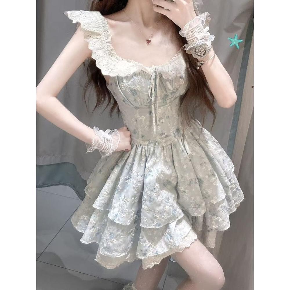 Чистое желание милая пряная девушка талия цветочное платье девичий дизайн кружево маленький рукав-фонарик принцесса пышное тортовое короткое платье