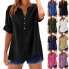 Women's Summer Casual V-neck Button Shirt Solid Color Short Sleeve Hem Split Cotton Blouse