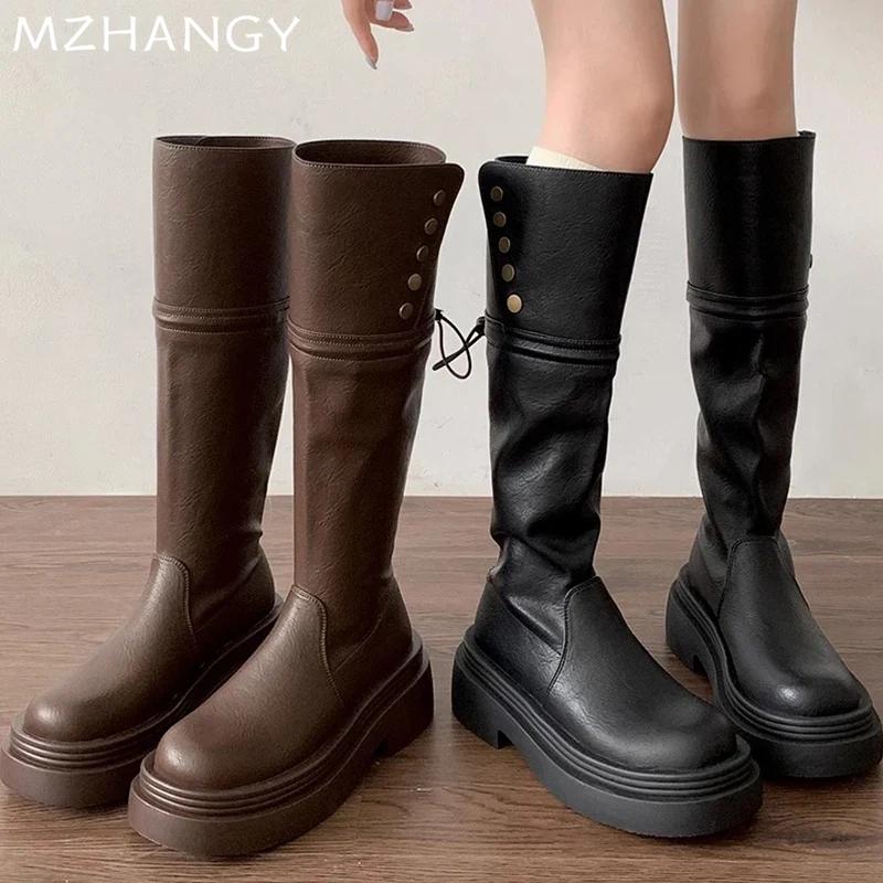 Модные женские высокие сапоги на платформе, кожаные туфли, зимняя мода, высокие сапоги до колена, женские зимние сапоги 2024 года, платье, женские сапоги Челси, ботинки