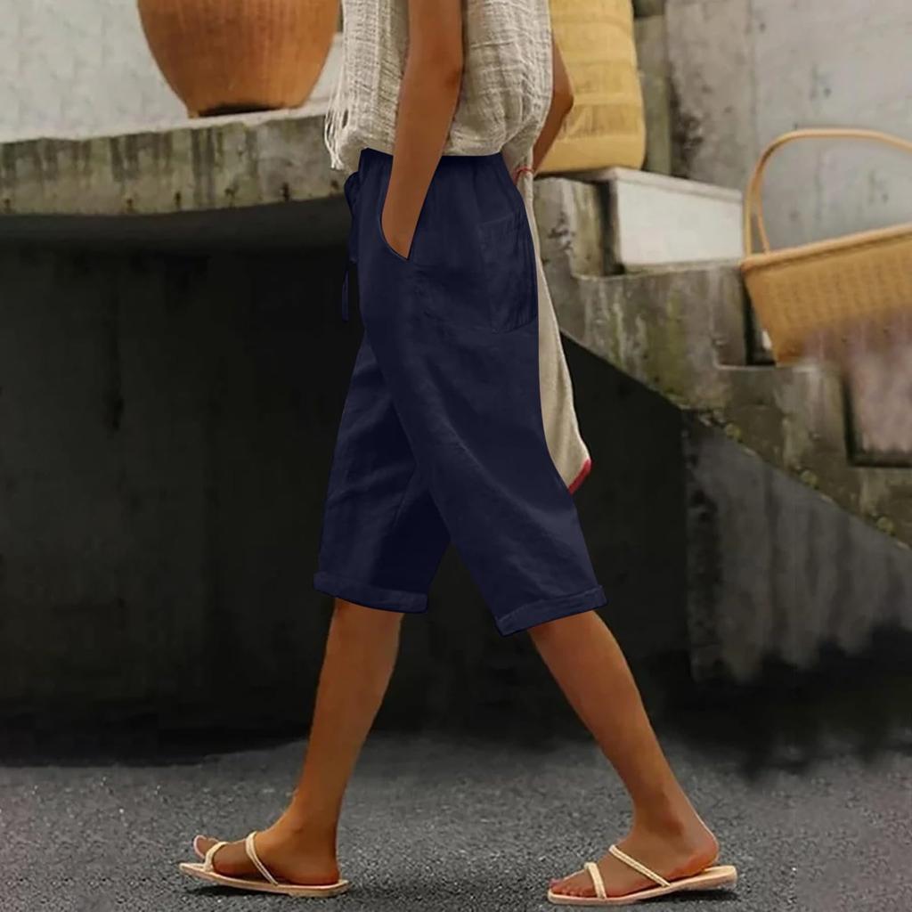 Женские модные повседневные свободные однотонные брюки спереди и сзади с карманами 7/10 Брюки