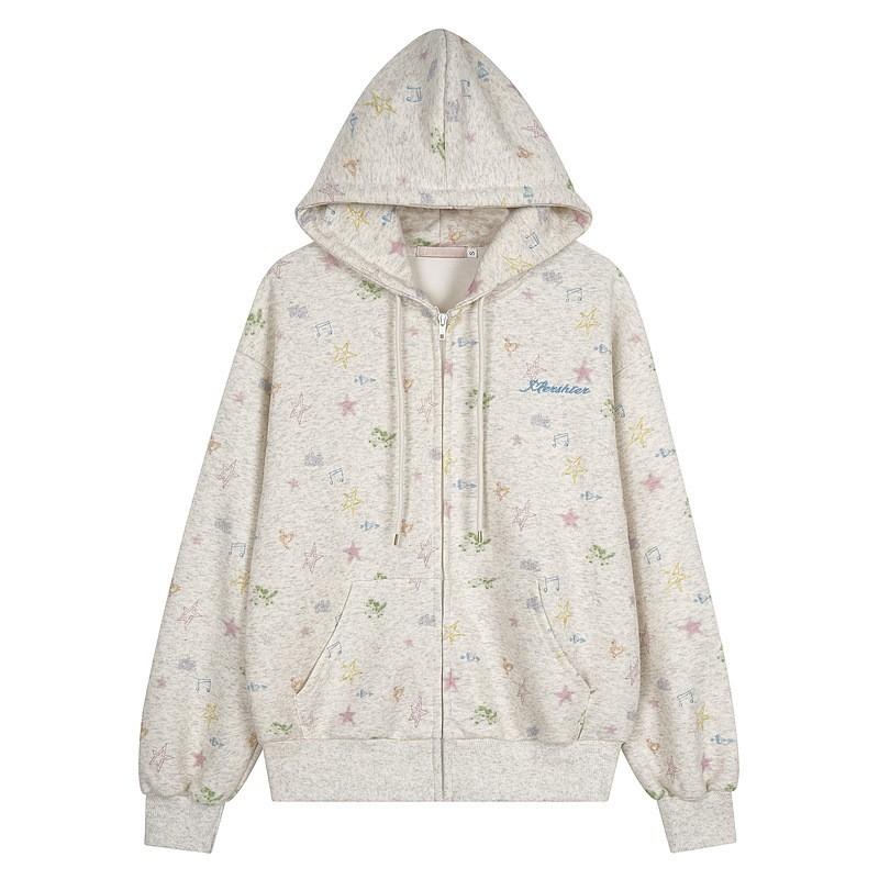 Oversized Floral Print Hooded Zip-Up Sweatshirt Unisex Loose Fit Casual Top