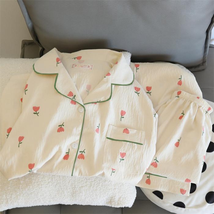 Homewear Flower Print V-neck Women's Pajamas Set Aesthetic Art Soft Two-piece Pajamas Set Sweet Casual Autumn  Sleepwear