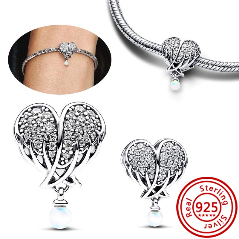 Медь 925 пробы Прозрачный циркон Снежинка Гербарий Крылья ангела и Сердце Сверкающие бусины Подходят для оригинального браслета Pantaro с шармами DIY Циркон