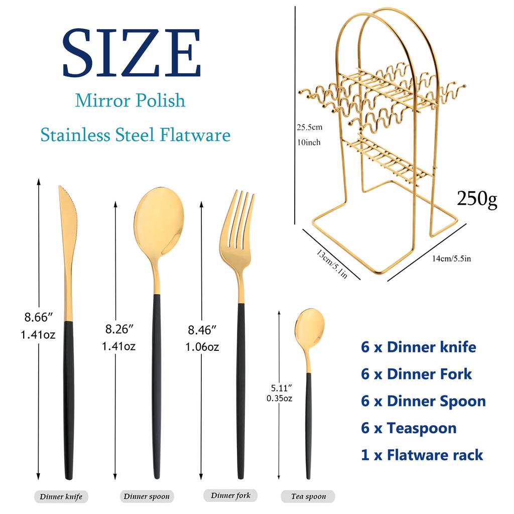 24 шт., набор столовой посуды из черного золота, набор столовых приборов из нержавеющей стали, кухонная вилка, нож, ложка, набор столовых приборов, набор столовых приборов, столовые приборы, подставка для столовых приборов