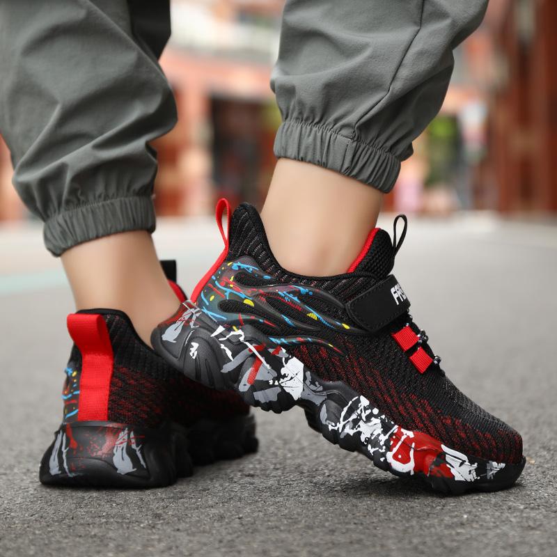 28-39 Children's Oversized Breathable and Fashionable Fly Woven Sports Shoes Thick Soled Velcro Outdoor Running Shoes