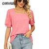 Летняя женская футболка, однотонная, с квадратным вырезом, с морщинистыми рукавами и короткими рукавами, топ