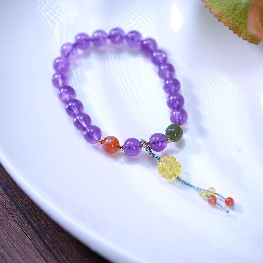 Women's Light Luxury Amethyst & Yellow Plum Blossom Beaded Bracelet with Crystal Pendant