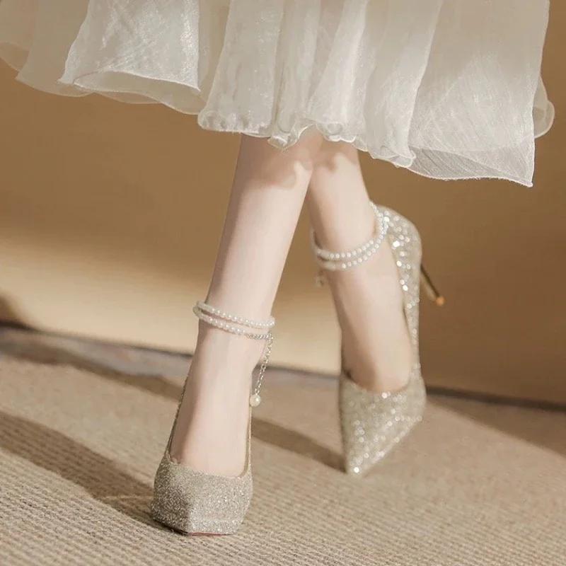 Модные женские туфли на высоком каблуке с кристаллами и пайетками, женские туфли на высоком каблуке с блестками и блестками, женские туфли на высоком каблуке с жемчужными цепочками