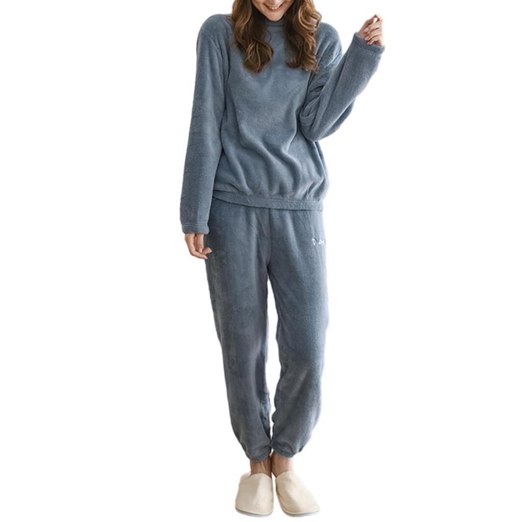 GlamollaMisse Pajama Embroidered Flannel Top with Logo Crew Long Sleeve and Long Pants with Elastic and Slimming Loungewear for and Winter Women's