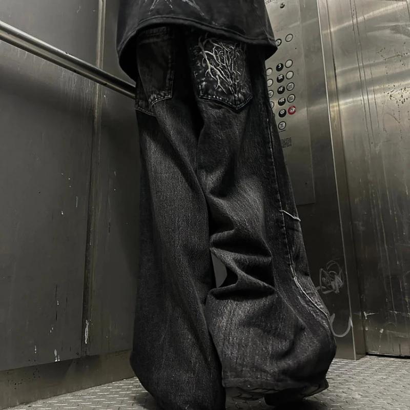 Готические ретро свободные мешковатые брюки унисекс для уборки Y2K Phantom джинсы High Street вышитая нашивка паук хип-хоп уличная одежда