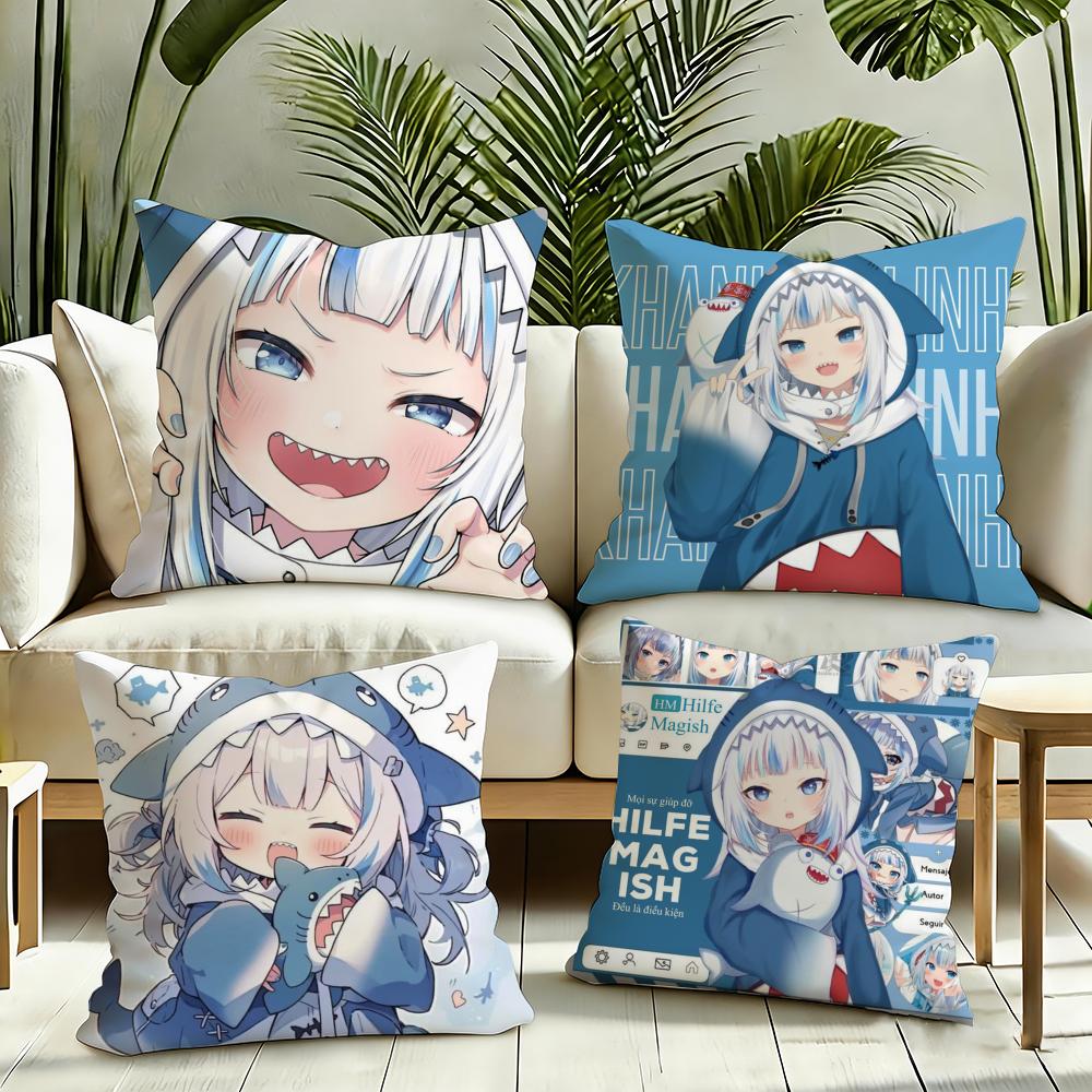 Cute GGawr Gura Cushion Cover Silky Short Plush Invisible Zipper Dustproof Sofa Pillow Case for Home Decor