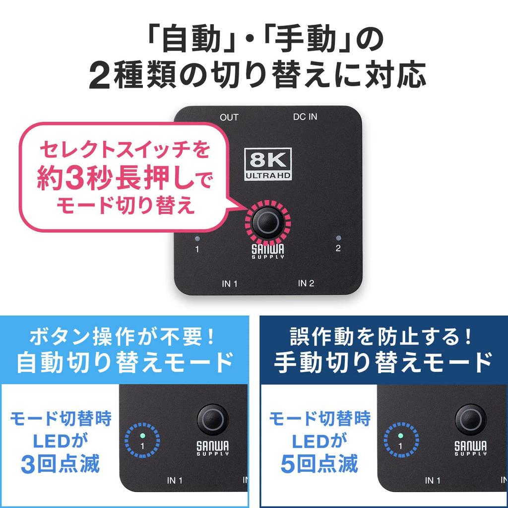 Sanwa Direct HDMI 4K 60Hz 2 PS5 HDR Переключатель, совместимый с 120 Гц/8K, 1 вход/1 выход, ручное/автоматическое переключение, совместимый, компактный, совместимый,