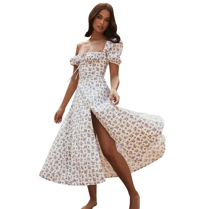 Летнее платье с высокой талией и цветочным принтом на одно плечо, модное платье-фонарик с коротким рукавом и цветочным принтом, элегантное длинное платье со шнуровкой и разрезом 26212