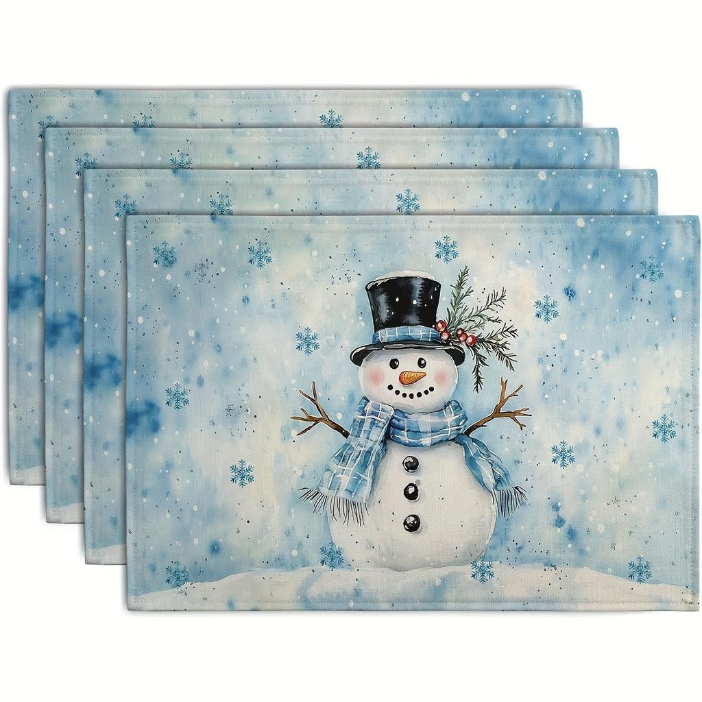 2/4/6/8pcs Set Blue Snowman Snowflake Winter Placemats, Seasonal Christmas Holiday Snowflake Snowman Farmhouse Rustic Placemats, Suitable for Home Kit