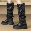 Women'S Platform High Boots Spring Fashion Designer Knee-High Chelsea Shoes With Buckle Brand Party Boots Black Brown