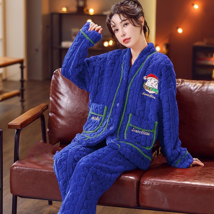 Autumn Winter Christmas V Neck Flannel Pajamas Thickened Women's Home Set