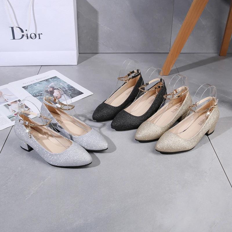 Женские свадебные туфли на высоком каблуке, серебристо-черные весенние туфли-лодочки 2024 с ремешком на щиколотке и кристаллами, туфли-лодочки на неглубоком массивном каблуке, большие размеры