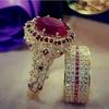 Elegant Gold Color Hip Hop Ring for Women Fashion Inlaid Zircon Red Stones Wedding Rings Set Party Bridal Engagement Zircon