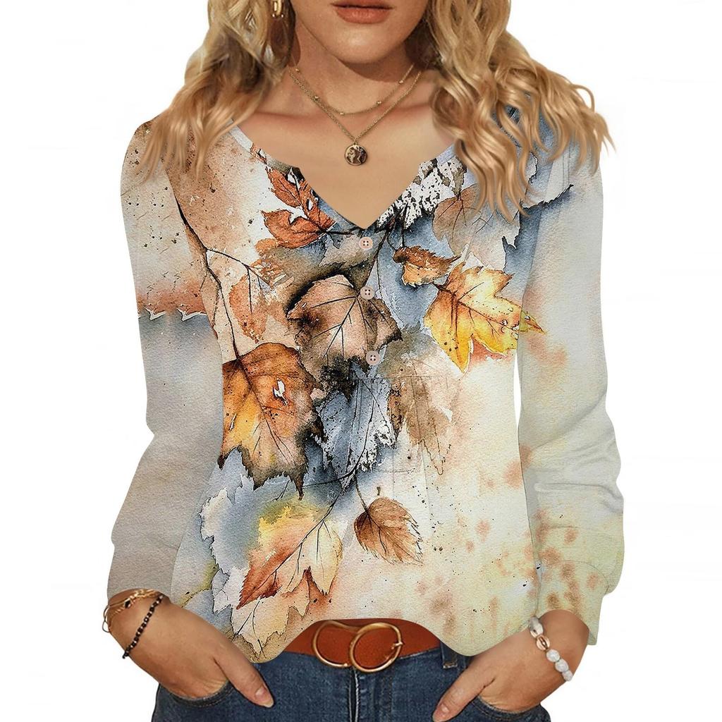 Женская модная повседневная блузка с V-образным вырезом на пуговицах, с длинным рукавом, пуловер, футболка, топ