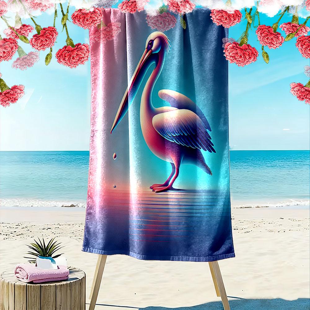Elegant glowing pelican serenity Print beach towel, quick drying, suitable for travel, outdoor sports, jogging, the beach and swimming, gift